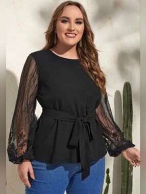 SHEIN Black Lace Sleeve Tie-Waist Blouse